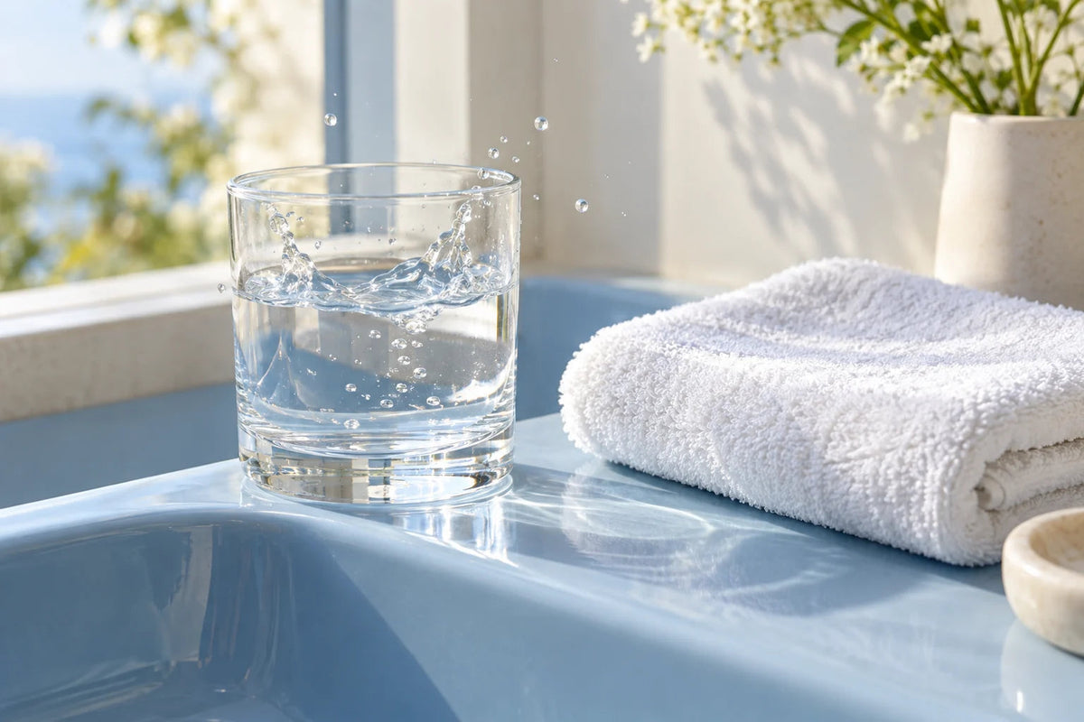 Een glas water en een witte handdoek bij een zonnig raam