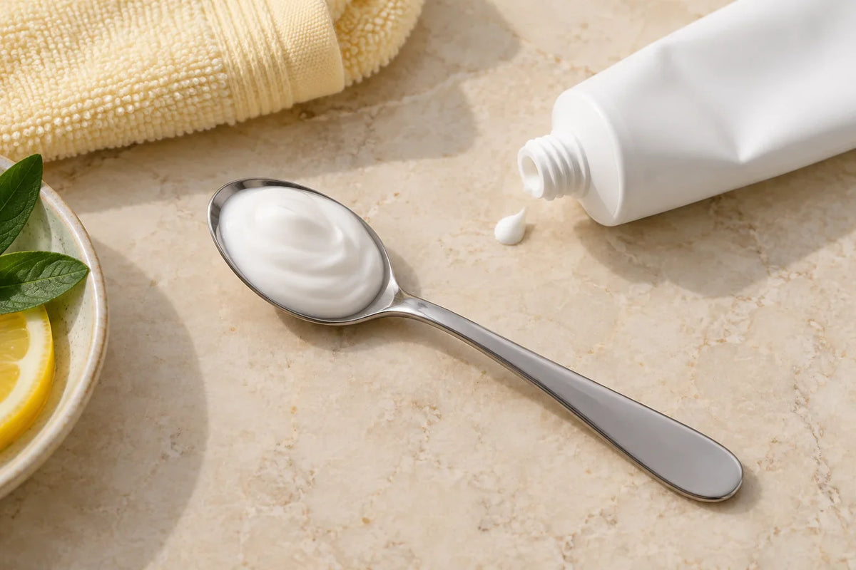 Theelepel met witte crème naast een onbedrukte tube