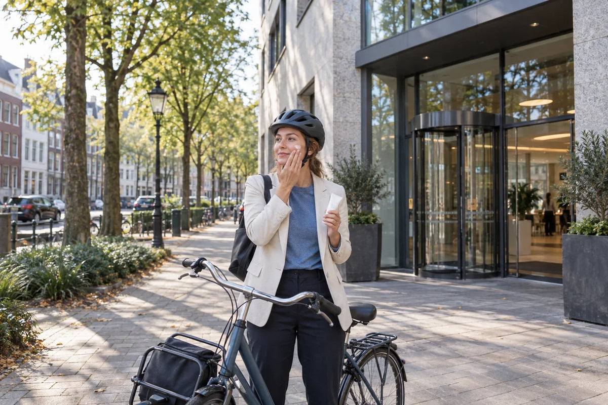 Vrouw met fietshelm brengt crème op haar wang aan naast haar stadsfiets bij een kantoor.