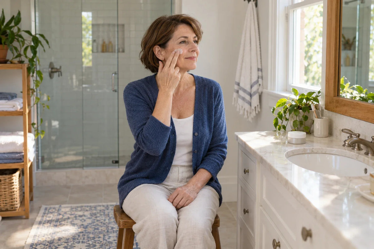 Vrouw in een blauw vest brengt crème aan op haar wang bij een badkamerraam