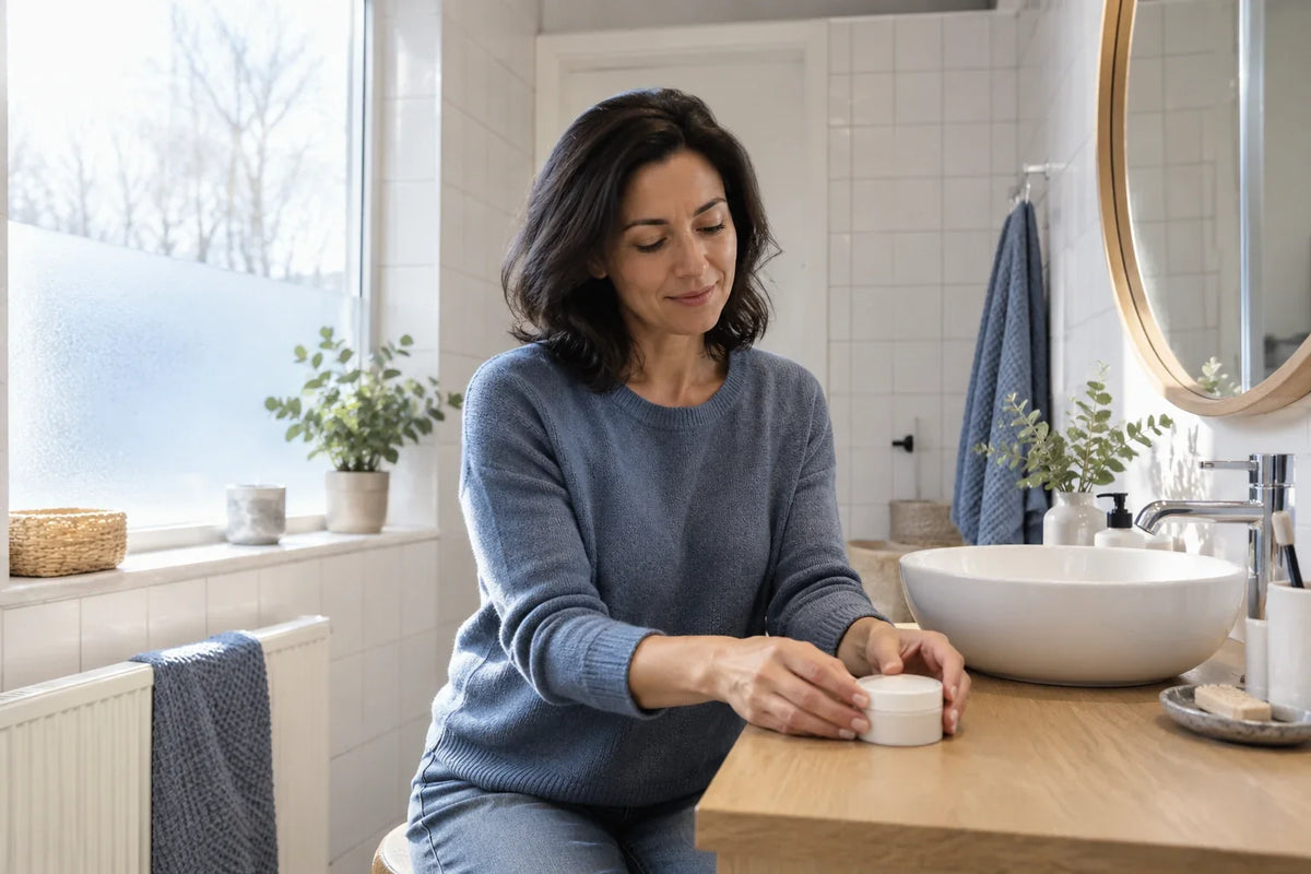 Een vrouw zet met beide handen een gesloten wit verzorgingspotje op een houten badkamerblad bij een raam.