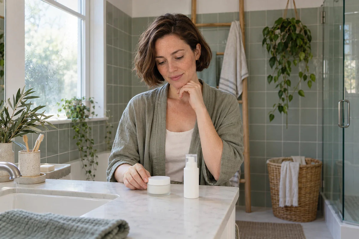 Vrouw bekijkt een verzorgingspotje en witte pompflacon op haar badkamerblad.