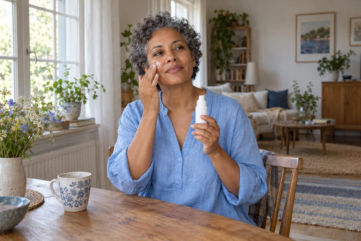 Een vrouw met kort grijs krullend haar brengt crème op haar wang aan en houdt een witte pompflacon vast.