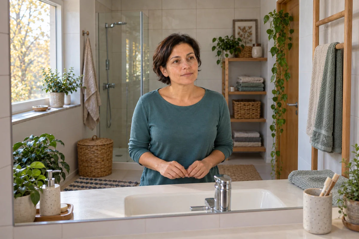 Een vrouw in een groen shirt kijkt in een badkamerspiegel, met haar handen laag voor zich.