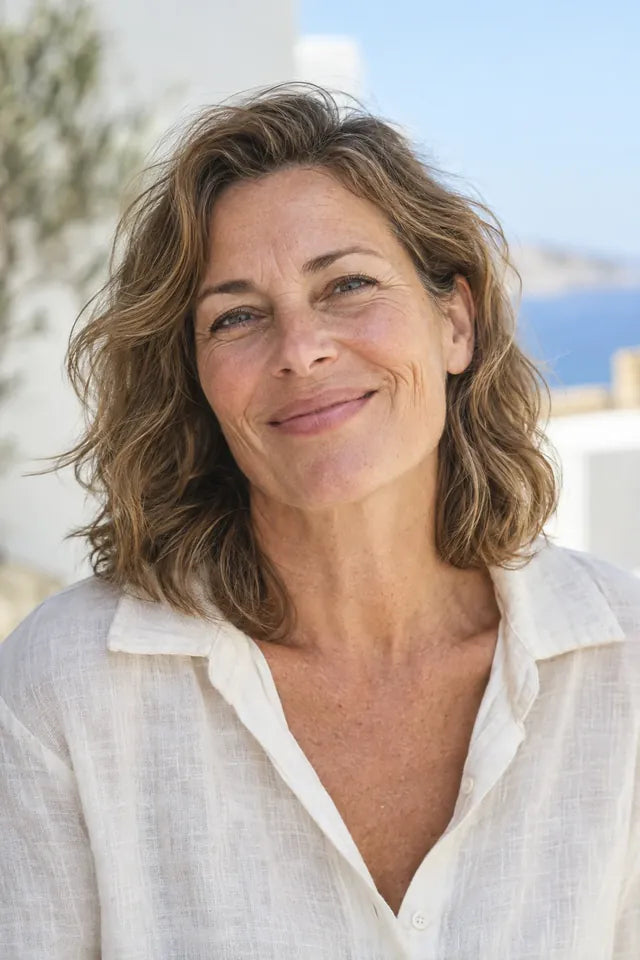 Vrouw met een ontspannen lach en een lichte blouse
