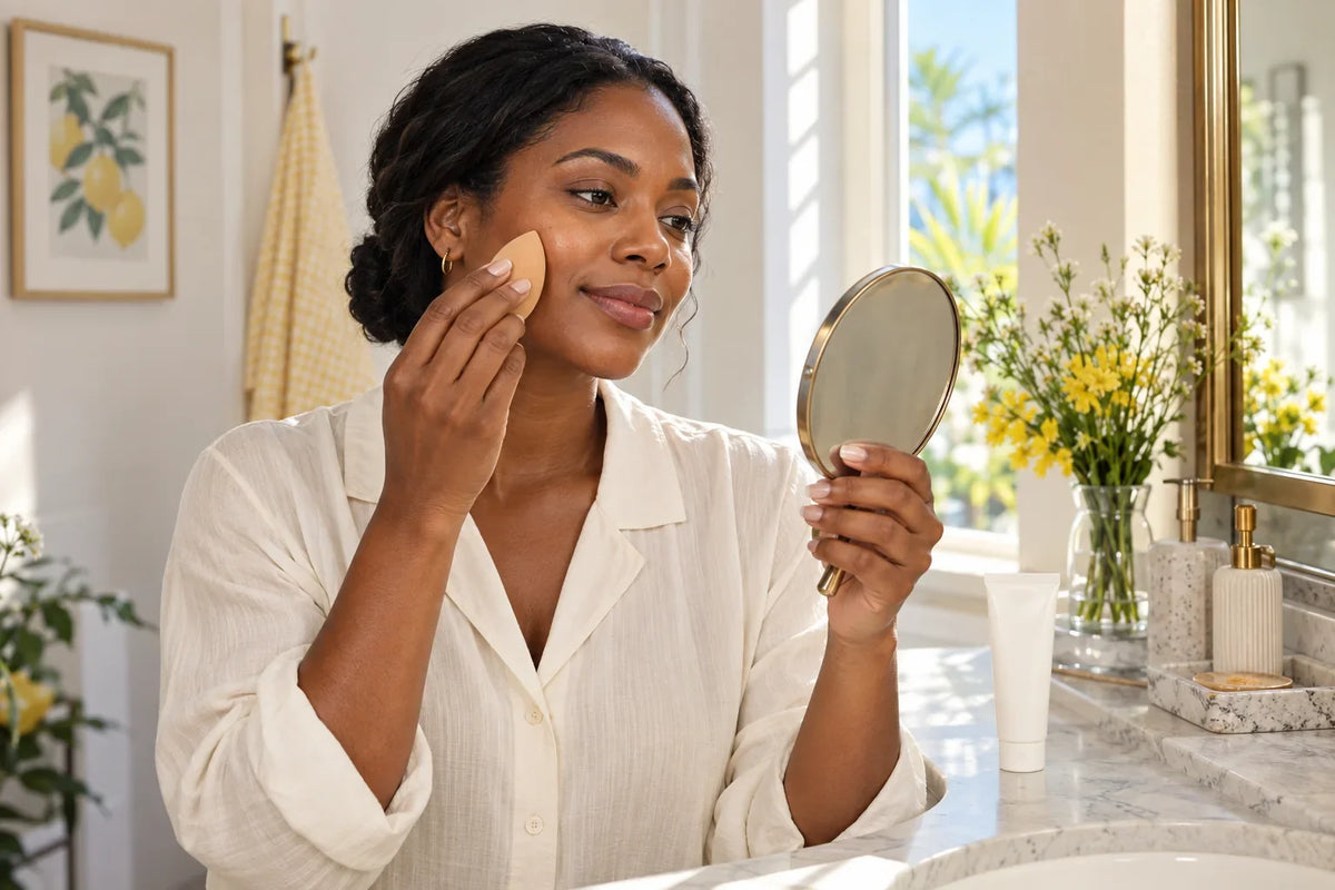 Vrouw brengt make-up aan met een spons voor de spiegel
