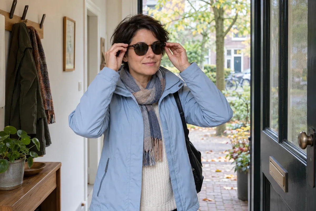 Een vrouw met een lichtblauwe jas zet bij de open voordeur een zonnebril op voor een herfstwandeling.