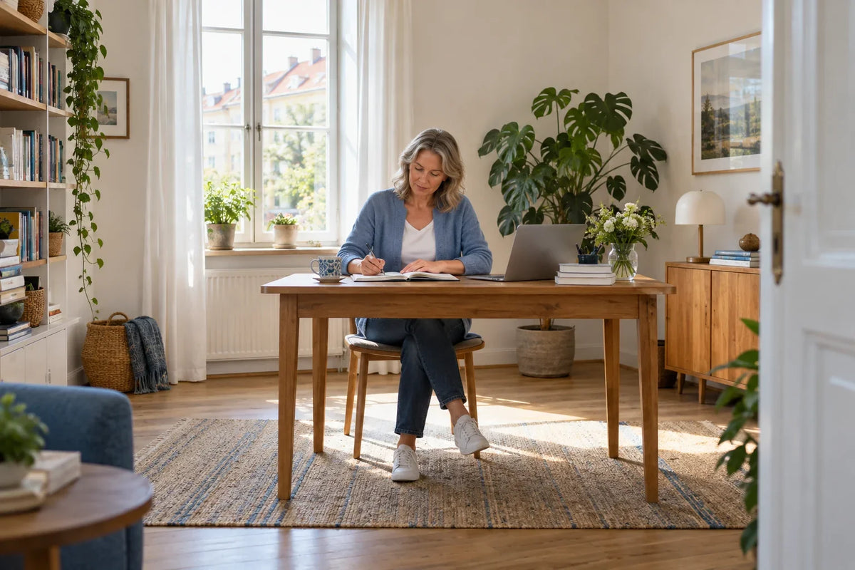 Vrouw schrijft in een notitieboek aan een bureau naast een groot raam.