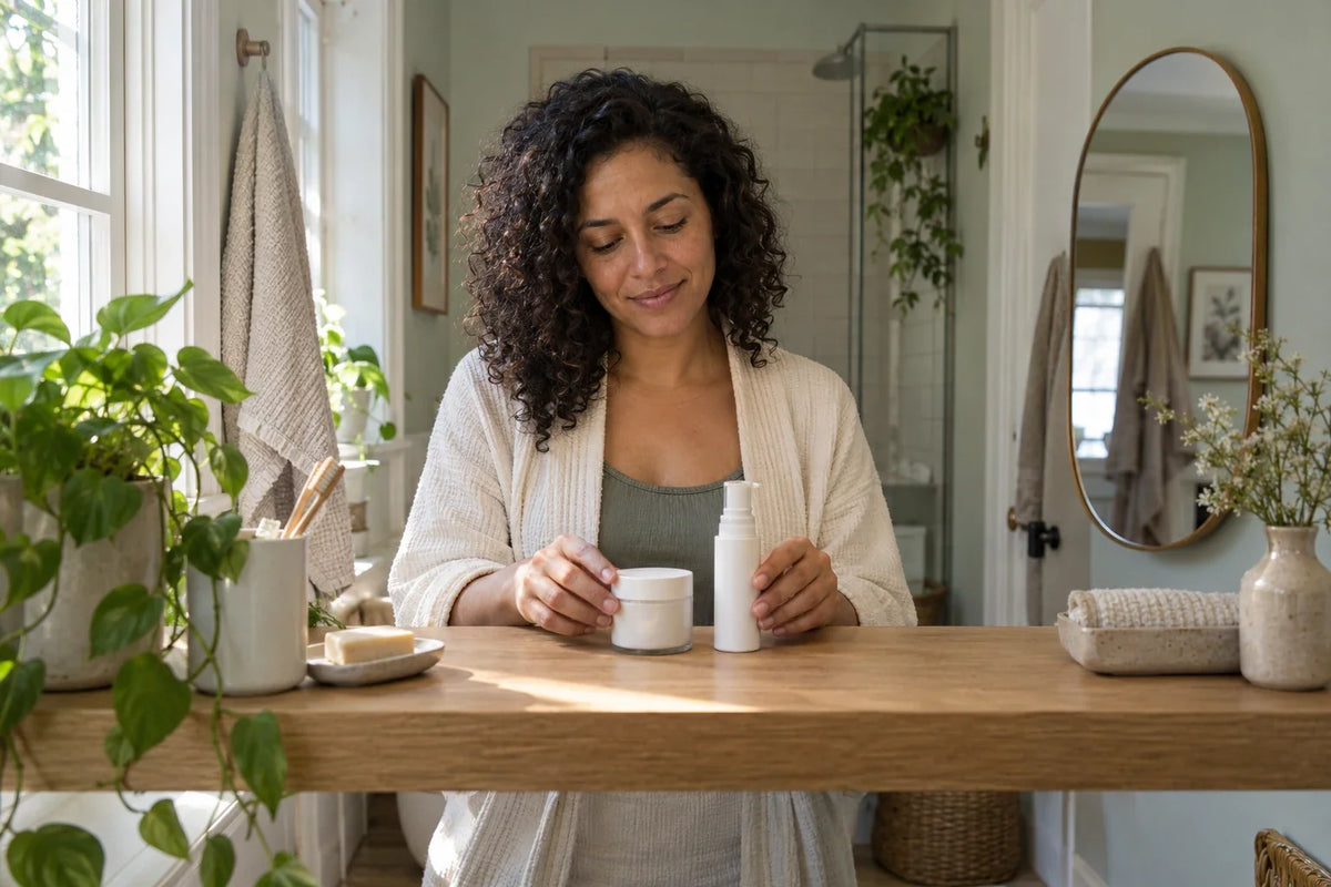 Een vrouw zet een gesloten wit verzorgingspotje en een witte pompflacon op een houten badkamerplank.