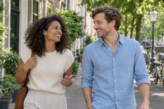 Twee vrienden wandelen door een beschaduwde straat
