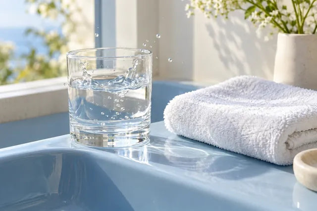 Glas water en een zachte witte handdoek in het ochtendlicht
