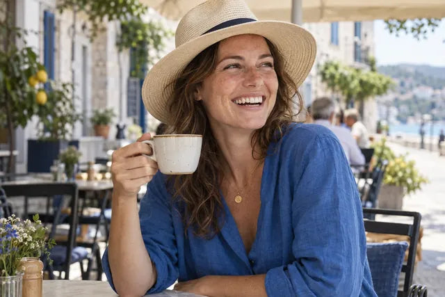 Lachende vrouw met een zonnehoed en koffie op een beschaduwd terras