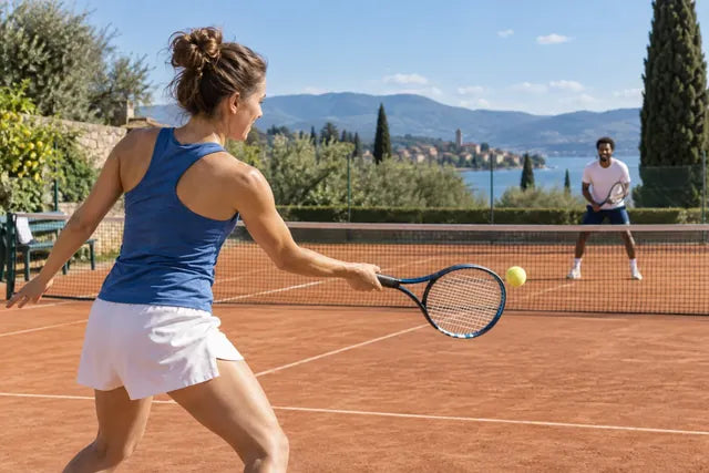 Twee vrienden spelen tennis op een buitenbaan