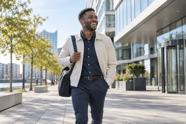 Man met een laptoptas onderweg naar zijn werk