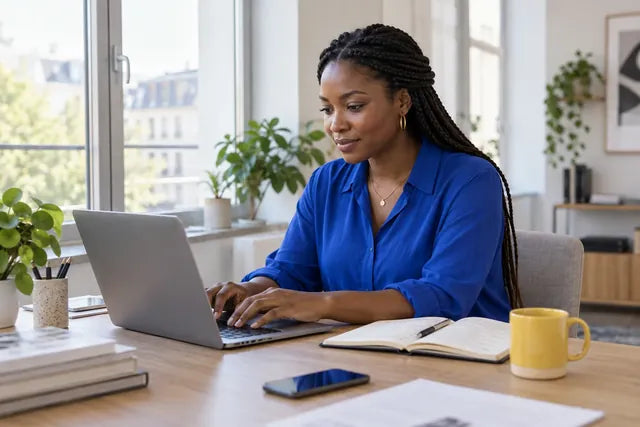 Vrouw in een blauwe blouse werkt aan haar laptop bij het raam