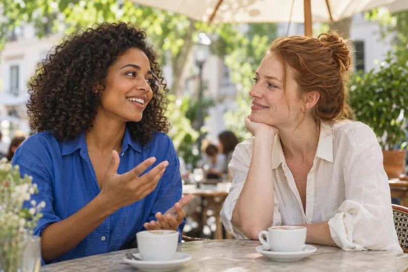 Twee vriendinnen praten bij een koffie op een terras in de schaduw