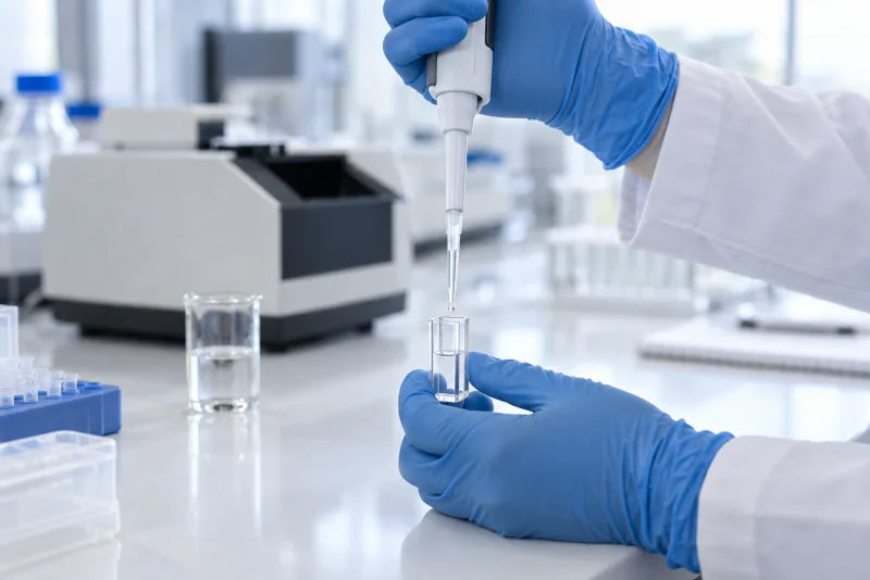 Een onderzoeker werkt met een pipet en een glazen cuvet
