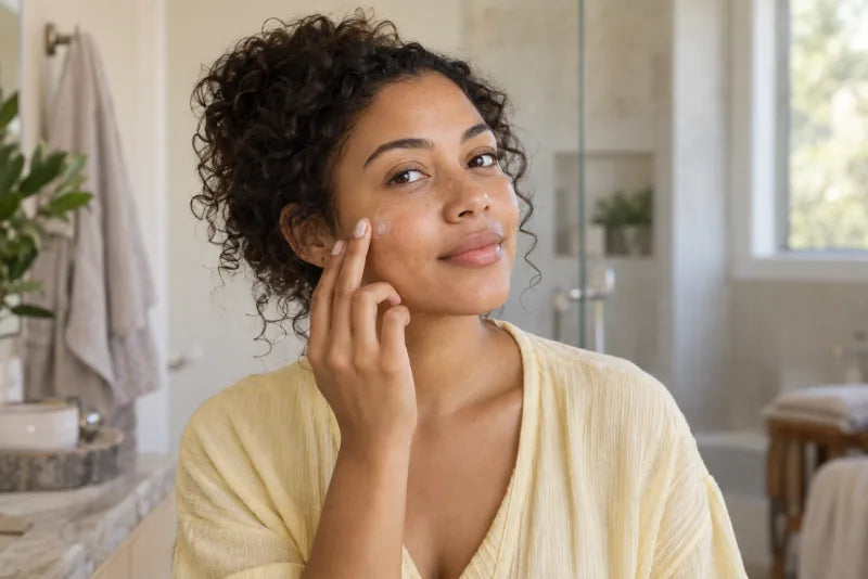 Vrouw brengt tijdens haar ochtendroutine een beetje crème aan op haar wang