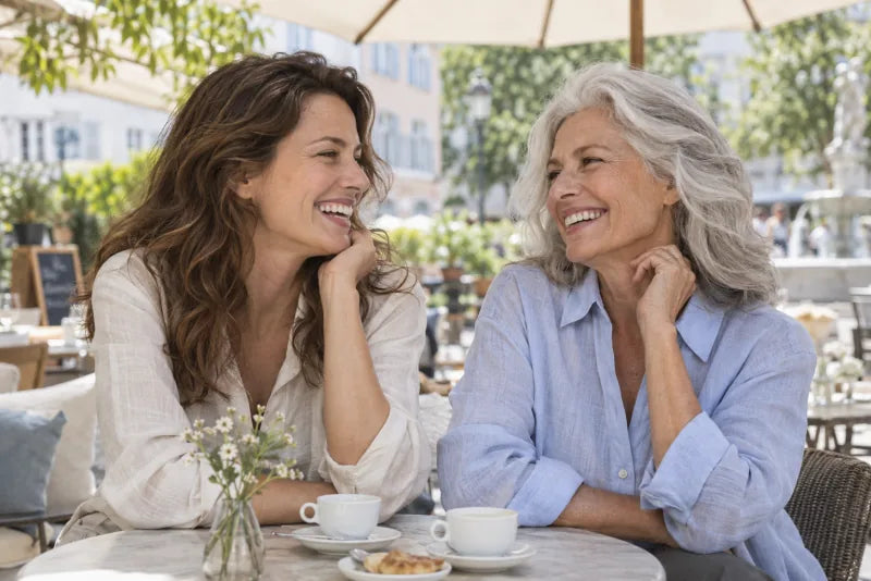Twee vrouwen van verschillende leeftijden lachen samen onder een parasol op een terras