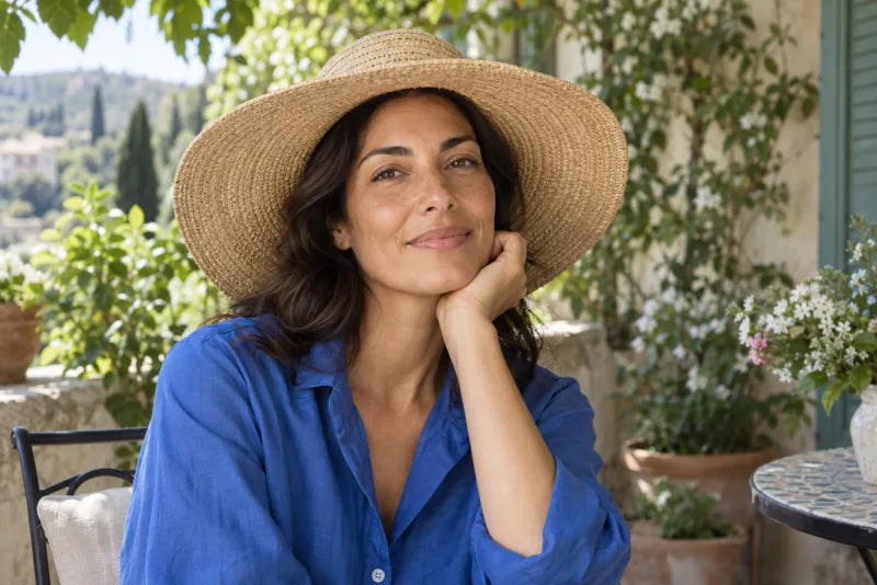 Vrouw met een brede zonnehoed op een terras in de schaduw